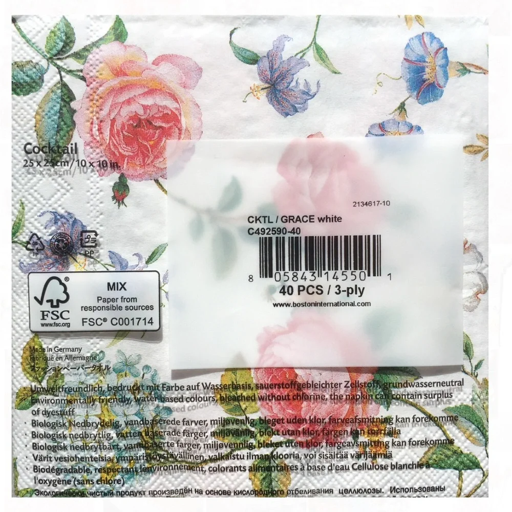 MesaFina Grace Floral Paper Cocktail Beverage Napkins, 40 ct